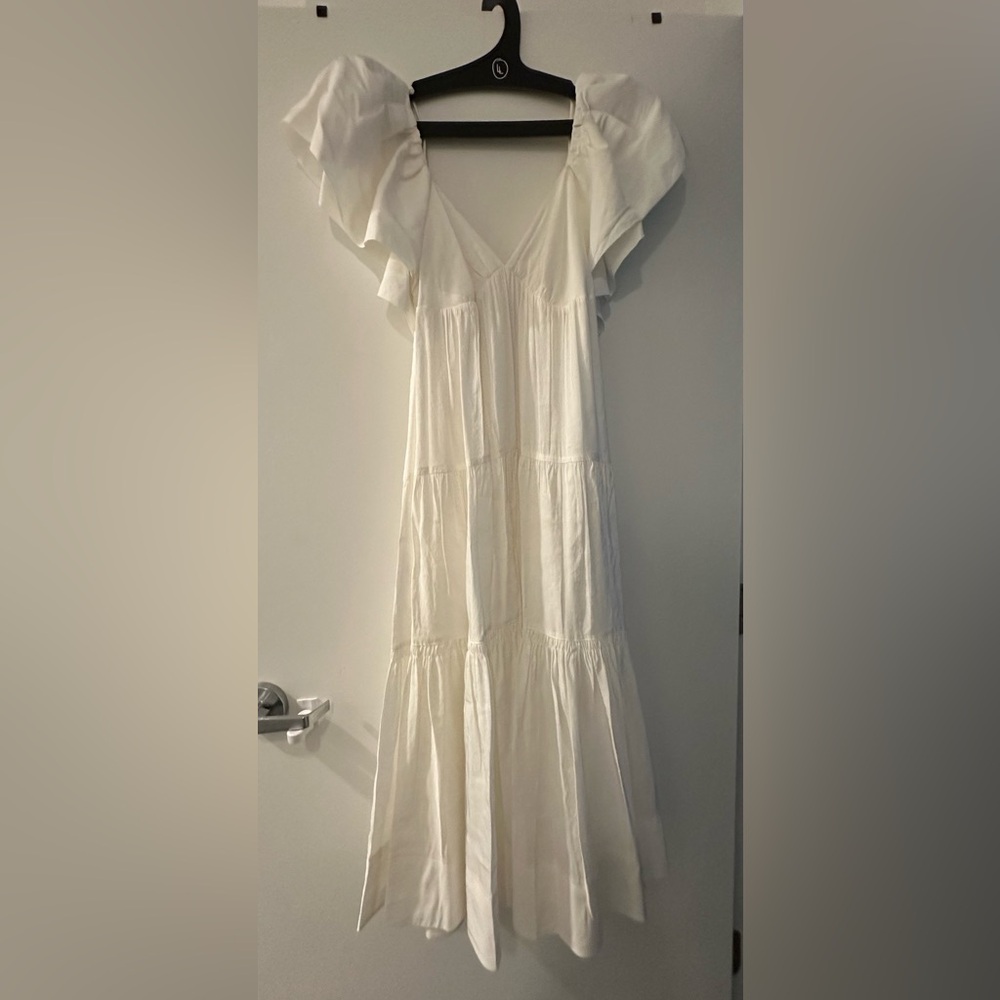 La Ligne Stella ruffled-shoulder linen-blend midi dress white